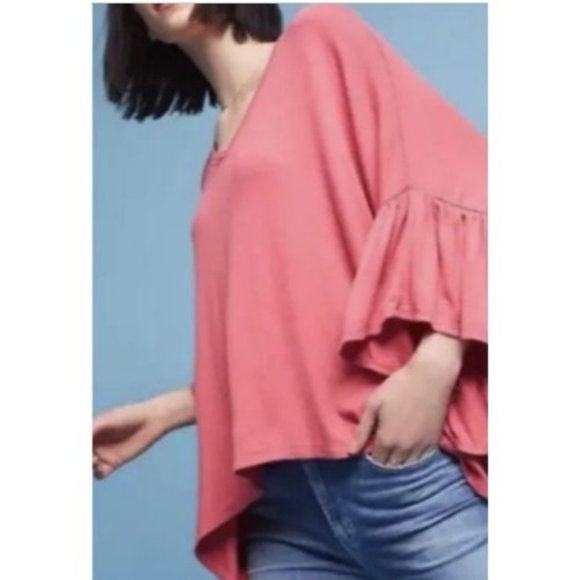 Akemi Kin‎ Anthropologie Coral Capa Fluttered V-Neck Tunic XS/S Oversized Ribbed - Picture 2 of 12